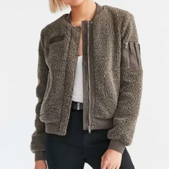 Urban Outfitters BDG Teddy Bomber Jacket - Olive Green - Picture 1 of 7